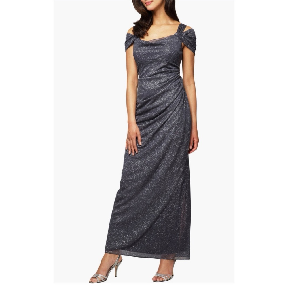 Alex Evenings NWT Size 10 sSmoke Cold Shoulder Ruffle Maxi Dress Evening Wedding